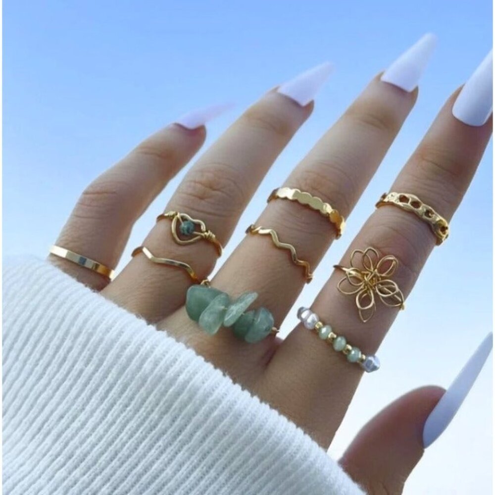 Women's Jewelry Fashion Rings 9 pcs Set Green White Gold Color Summer NEW